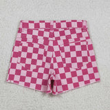 SS0764 Summer Pink Plaid Denim Girl's Shorts