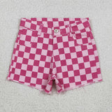 SS0764 Summer Pink Plaid Denim Girl's Shorts