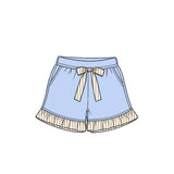 Preorder MOQ 5 pcs GLS0216 Solid Color Stripe Ruffles Blue Girls Shorts Set
