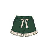 Preorder MOQ 5 pcs GLS0218 Solid Color Stripe Ruffles Dark Green Girls Shorts Set