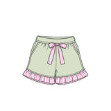 Preorder MOQ 5 pcs GLS0220 Solid Color Stripe Ruffles Light Green Girls Shorts Set