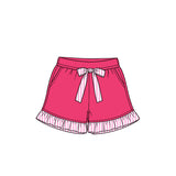 Preorder MOQ 5 pcs GLS0221 Solid Color Stripe Ruffles Rose Red Girls Shorts Set