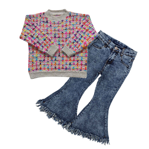 Fashion Colorful Plaid Winter Knit Sweater Tassel Jeans Denim Pants Girl's Set
