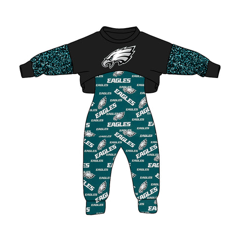 MOQ 8 PCS Custom style EAGLES Jumpsuit 2 pcs Girl's set