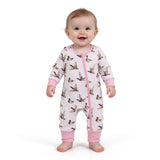 LR3218 Mallard Ducks Stripe Pink Baby Footie Sleepers Romper