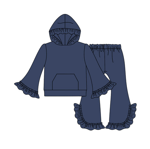 MOQ 5 pcs each style Custom Style Solid Color Ruffles Navy Girls Set