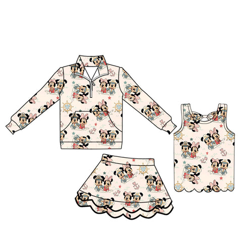 MOQ 30 pcs Custom Style Cartoon Pullover Girls Skorts 3 Pcs Set