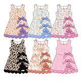 Preorder MOQ 5 pcs Each Style Colorful Leopard Bows Scallop Edge Yoga Girl's Dress Kids Matching Clothes