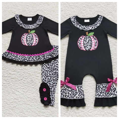 Embroidery Pumpkin Leopard Ruffle Kids Sibiling Matching Clothes