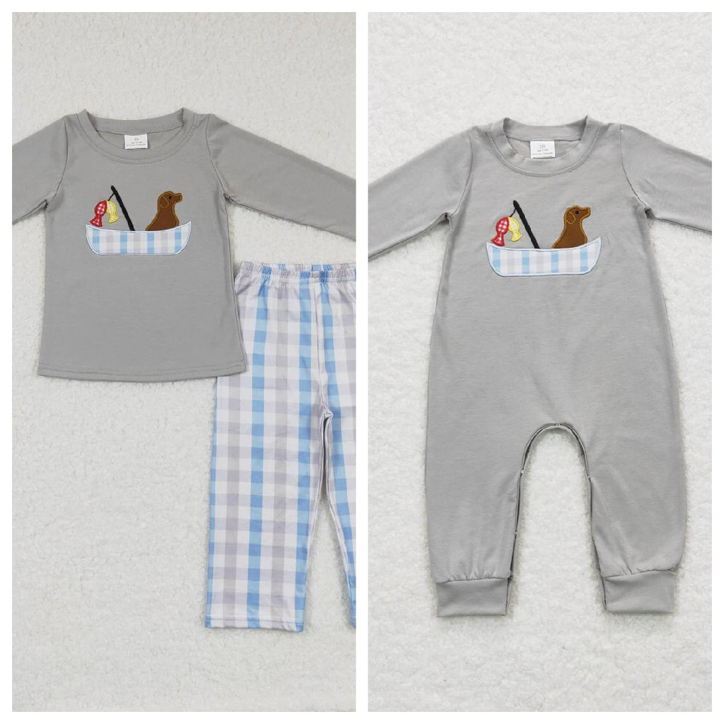 LR0690/BLP0350 Embroidery Fishing Dog Plaid Grey Kids Sibling Matching Clothes