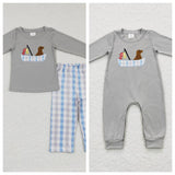 LR0690/BLP0350 Embroidery Fishing Dog Plaid Grey Kids Sibling Matching Clothes