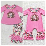 Embroidery Pumpkin Pink Flower Ruffle Kids Sibiling Matching Clothes