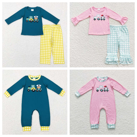 BLP0196/GLP0487/LR0377/LR0376 Embroidery Farm Cow Kids Sibling Matching Clothes
