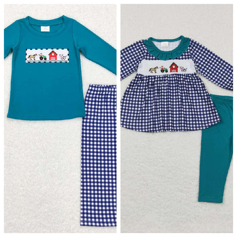 BLP0398/GLP0885 Embroidery Farm Kids Sibiling Matching Clothes