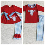 Embroidery Cow Red Blue Plaid Boy's Girl's Matching Clothes