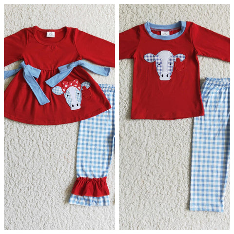 Embroidery Cow Red Blue Plaid Boy's Girl's Matching Clothes