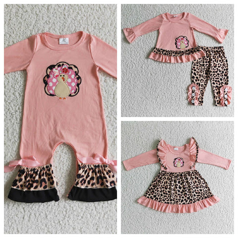 Thanksgiving Embroidered Turkey Pink Leopard Girl's Matching Clothes