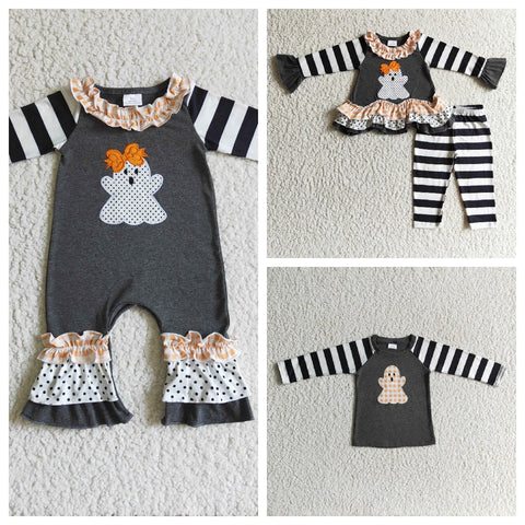 Halloween Embroidered Ghost Black Stripe Girl's Boy's Matching Clothes