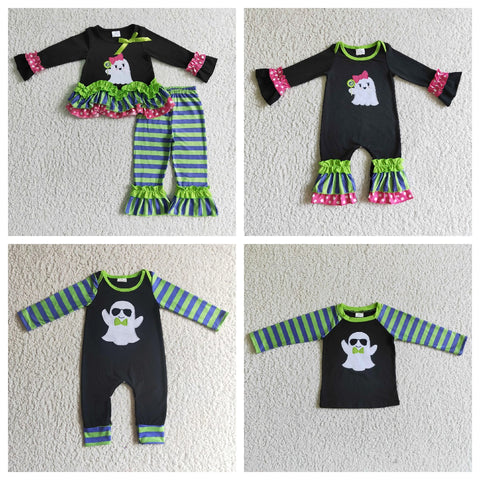 Halloween Embroidered Ghost Green Stripe Girl's Boy's Matching Clothes