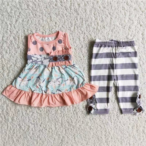 Pink sleeveless with button grey stripe pants