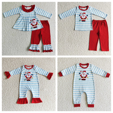 Christmas Embroidered Santa Blue Girl's Boy's Matching Clothes
