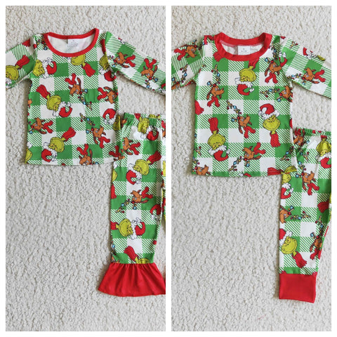 Christmas Green Cartoon Pajamas Boy's Girl's Matching Clothes