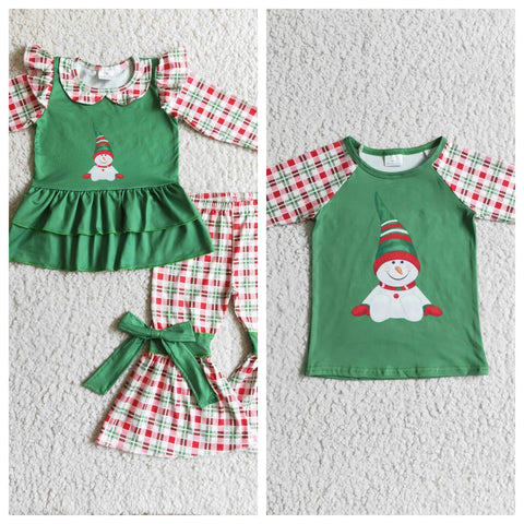 Merry Christmas Snowman Green Bow Ruffles Girl's Boy's Matching Clothes