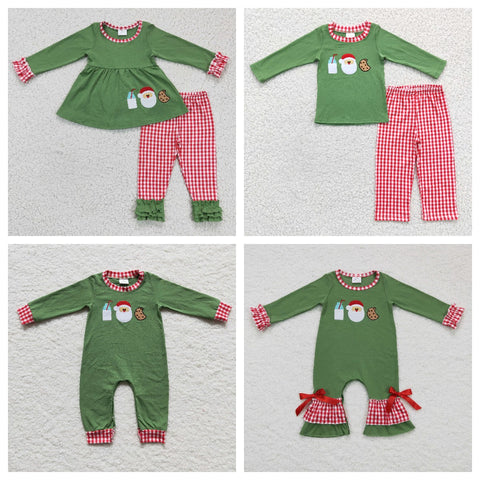 Christmas Embroidered Santa Milk Cookie Green Girl's Boy's Matching Clothes