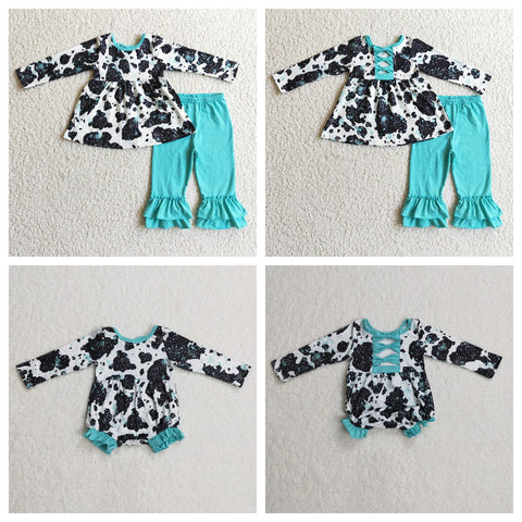 New Cow Blue Bow Girl's Matching Clothes