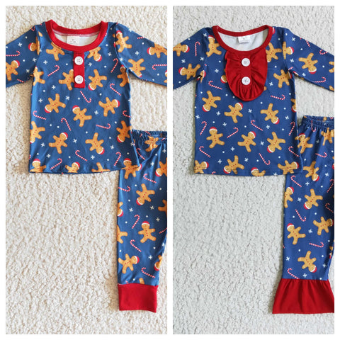 Christmas Gingerbread Blue Red Pajamas Boy's Girl's Matching Clothes