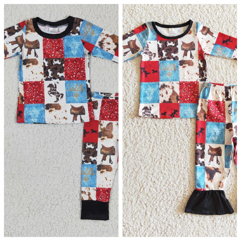 Western Cow Plaid Pajamas Boy's Girl's Matching Clothes