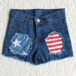 Summer Kids Ripped Star National Day Denim Girl's Shorts