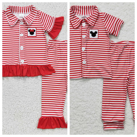 Embroidery Mouse Red Stripe Boy's Girl's Matching Clothes Pajamas