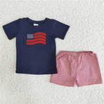 A12-23 Summer National Day Embroidery Flag Boy's Red Plaid Shorts Set