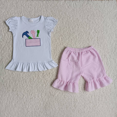 SALE B3-1 Summer Embroidery Tool Pink Plaid Girl's Shorts Set