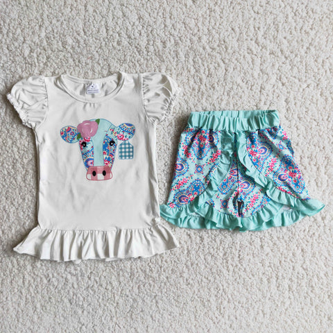 White Short Sleeve With Cow Pattern+Blue-Green Open Fork Shorts