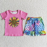 Pink Shirt With Sunflower+Colorful Leopard Print Short Pants