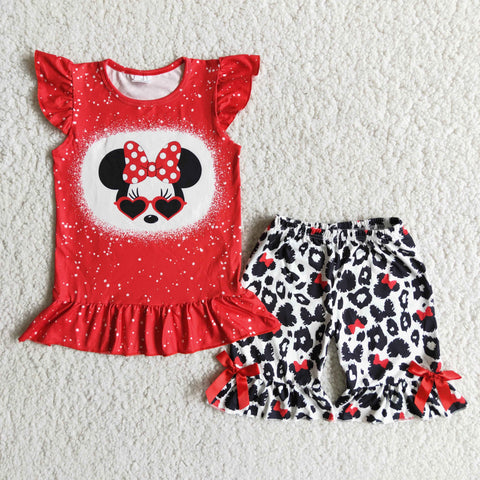 Red Cartoon Shirt Black Leopard mouse Print Pants With Red Lace
