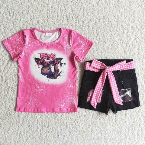 Pink Shirt With Cow Jeans Pink Belt Denim shorts Girl's set