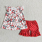 White Shirt With Cow Red Bow Small Red Flowers Red Pants With White Dot