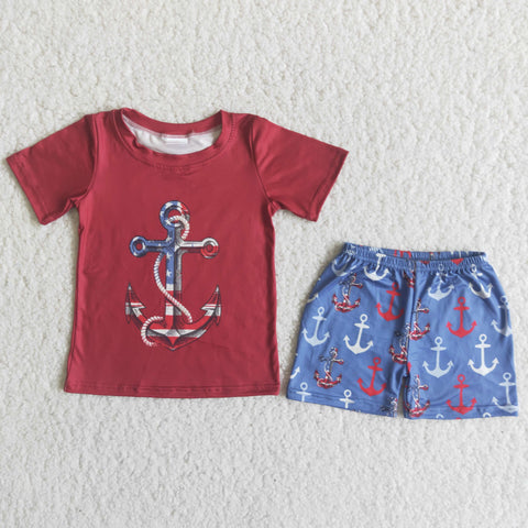 Red wine shirt with boat anchor blue shorts with boat anchors