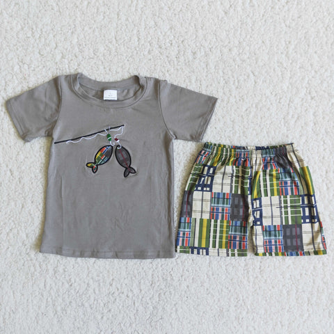Grey shirt with fishing pole and fishes stripe shorts