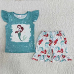 B5-14 Blue shirt with white spots and shorts with mermaids