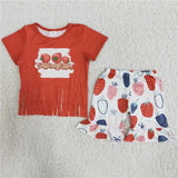SALE B5-4 Red shirt with strawberry letters and tassels shorts with strawberries