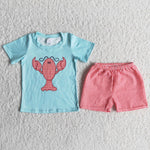 SALE A8-3 Crawfish Sky blue shirt with a lobster red grid shorts