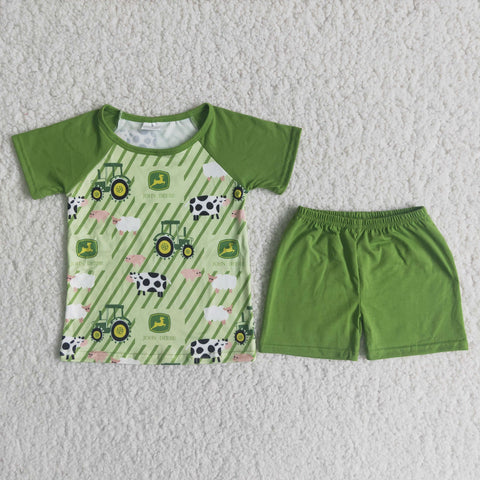 SALE C13-17 Farm Green shirt with cow sheep green stripe green shorts