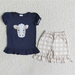 A4-14 Deep blue shirt embroidery cow and pants with grey shorts set