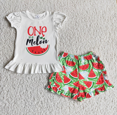 A5-22 White shirt with one in a melon letters and pants with watermelons
