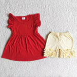 Pure red sleeveless shirt and pure yellow shorts with three layers of lace