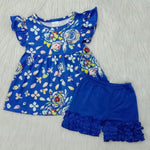 SALE D5-16 Summer Blue flower Girl's Shorts Set